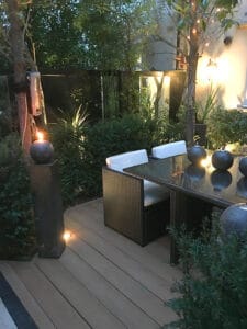 Coppered oak decking and garden table