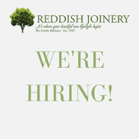 Reddish joinery logo with we're hiring written underneath