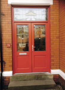 Red timber double doors